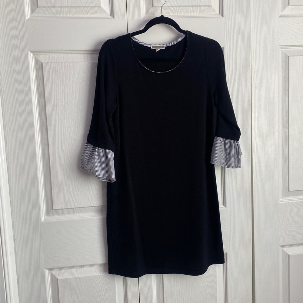 Pleione black shift thin sweater dress with black and white striped 3/4 sleeves